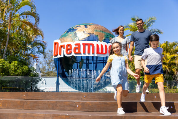 Family walking down the stairs at Dreamworld